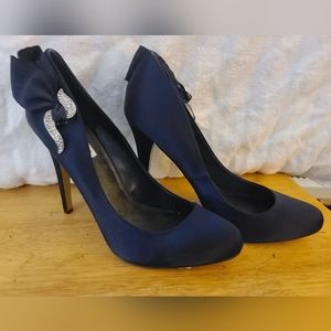 rsvp Delphine Navy satin heels with rhinestone trim - size 9